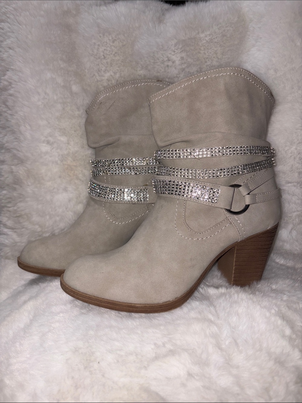Daisy Fuentes Taupe Ankle Boots with Rhinestone Wrap Straps